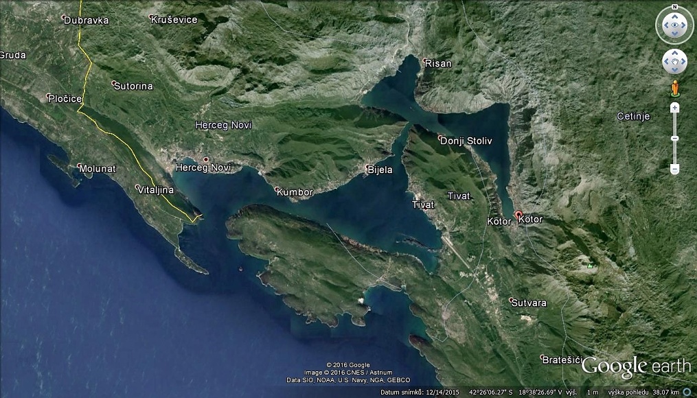 Kotorský záliv- Google Earth