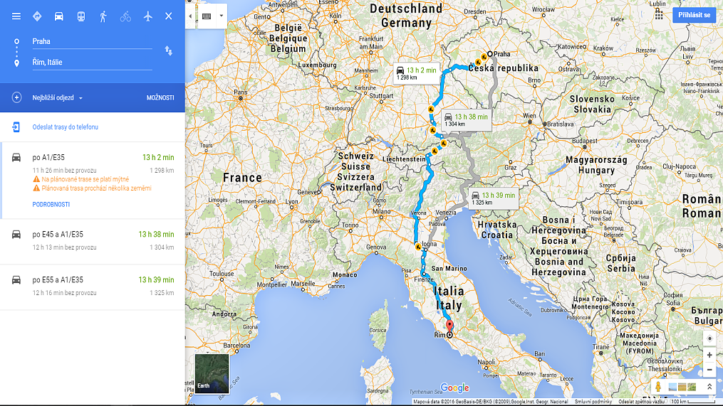 Trasa Praha-Řím, Mapy Google