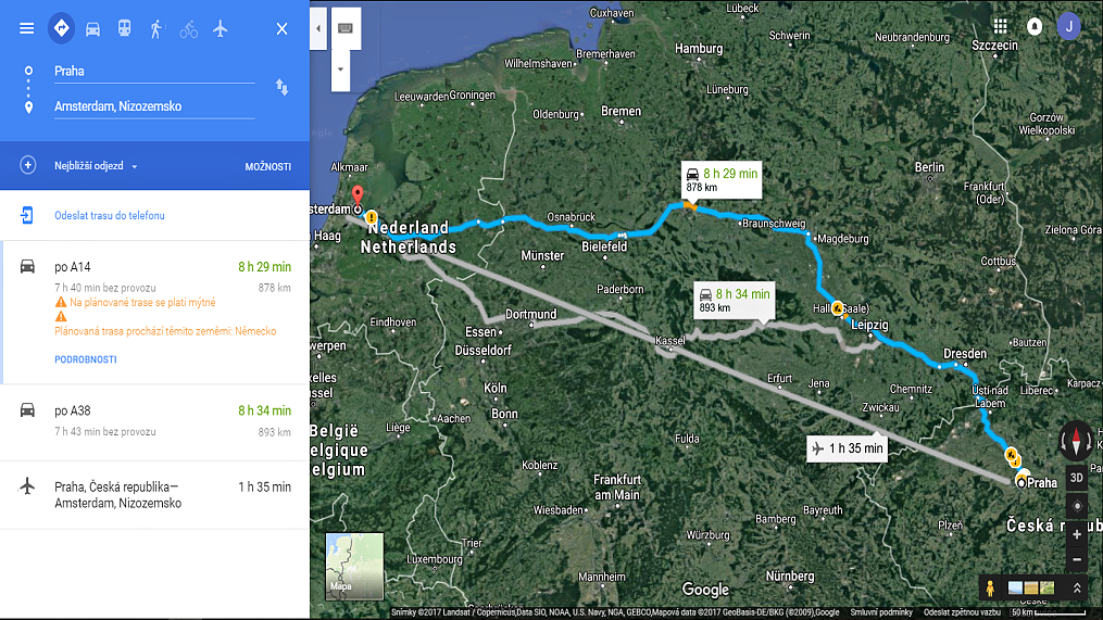 Trasa Praha-Amsterdam, Mapy Google